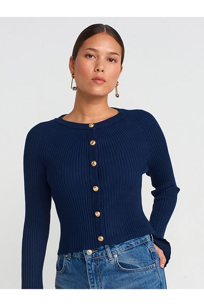 Dilvin 60246 Crew Neck Button Spanish Sleeve Knitwear Cardigan-Navy