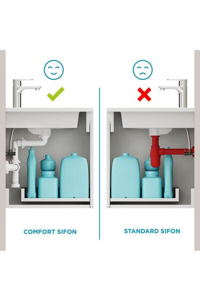 AQUA BAGNO Comfort yer kazandıran lavabo sifonu, kolay temizlenir, ayarlanabilir koku önleyici gider