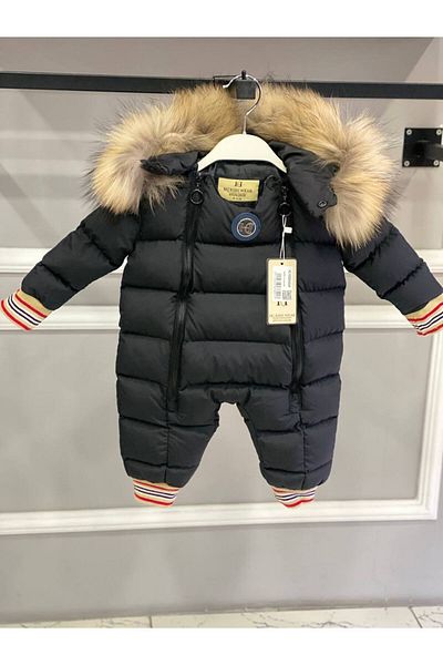 HÇ Hülya Çelik KİDSWEAR 2018 Astonot Jumpsuit Double Zipper Fur Hooded Black Jumpsuit