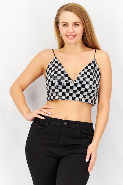 Don't Call Me Jennyfer Women V Neck Sleeveless Sequin Cropped Top, Black