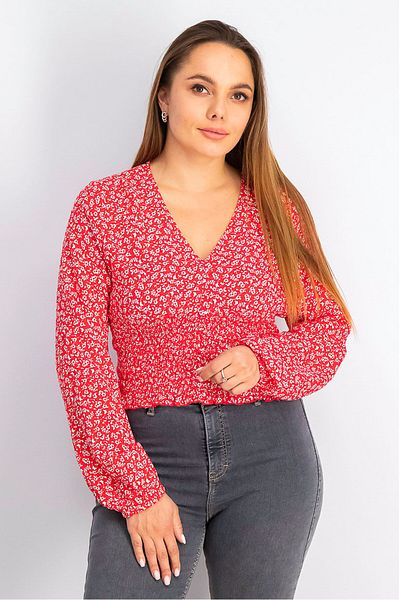 Don't Call Me Jennyfer Women V-neckline Long Sleeve Allover Print Top, Red And White