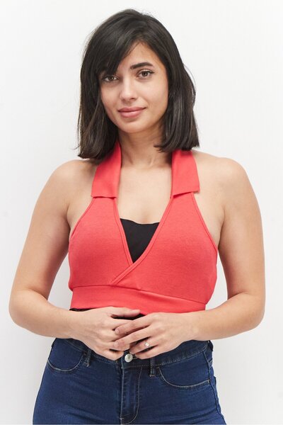 Sinsay Women Surplice Neck Sleeveless Textured Top, Red
