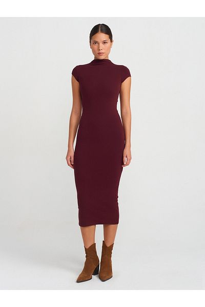 Dilvin 91296 Stand Collar Midi Dress-Claret Red