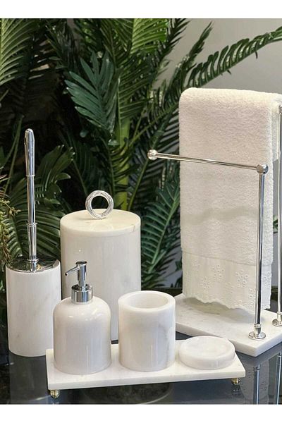 Sümeyra Marble Art Asia- Silver Ring Detail White Marbroom Bathroom Set - 7 Pieces
