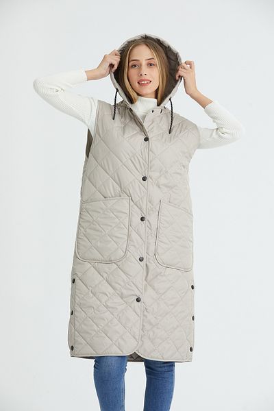 Wise Women's Hooded Oversize Quilted Fabric Slit Long Vest