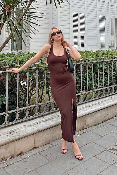 Swist Brown Thick Strap Square Collar Slit Women's Midi Dress