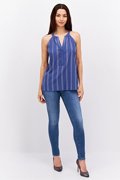 Esprit Women Split Neck Sleeveless Stripe Top, Blue