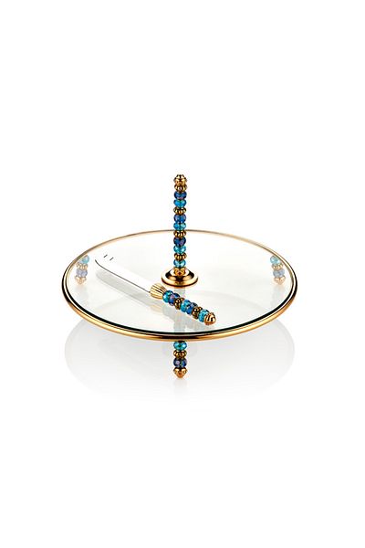 Cemile Gold Blue Beaded Cheese Plate Knife Set Breakfast