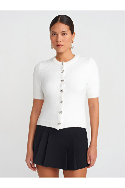 Dilvin 60284 Πλεκτό με μαλακή υφή με λαιμόκοψη Ζακέτα-εκρού