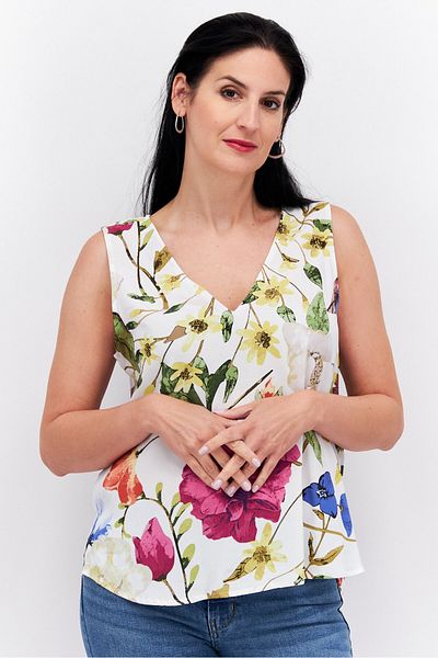 Esprit Women V Neck Sleeveless Floral Print Tank Top, White Combo
