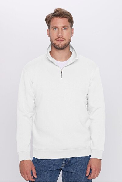 Tudors Unisex Relax Fit Rahat Kesim %100 Pamuk Yarım Fermuarlı Beyaz Dik Yaka Sweatshirt