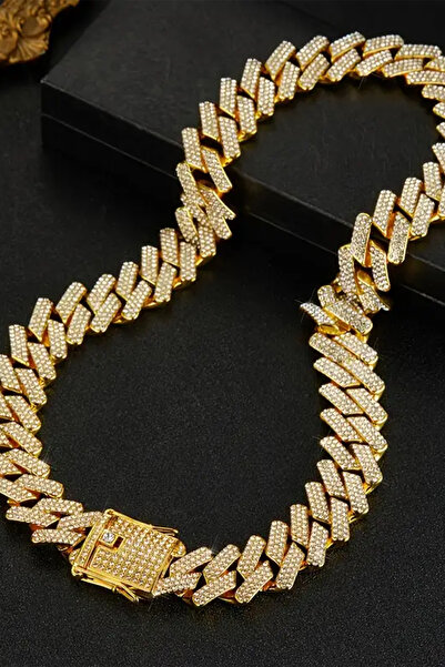 laria jewelry Taşlı Büyük Küba Zincir Kolye Gold