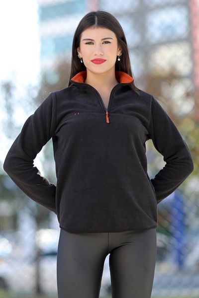 John Borners Women's Black Fleece - Stand Collar and Half Zipper Shirt - 7000