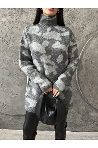 Modamorfo Pletená tunika se stojatým límcem s leopardím vzorem