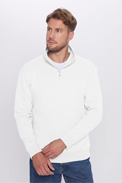 Tudors Unisex Relax Fit Rahat Kesim %100 Pamuk Yarım Fermuarlı Beyaz Dik Yaka Sweatshirt