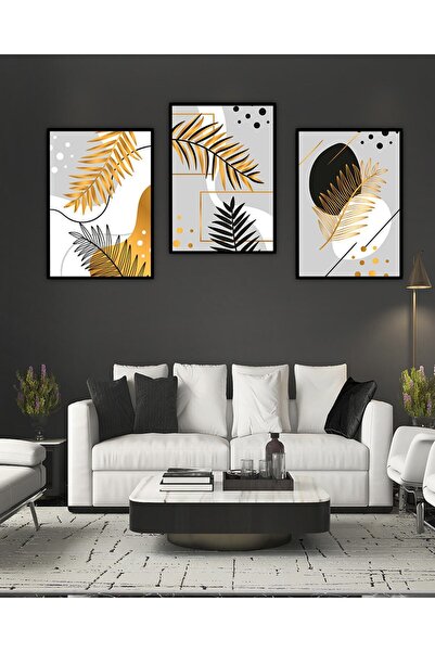 kutuTR Dekorize Mdf Tablo Seti 3 Parça 3 Mm - Altın Yaprak Salon Oturma Odası...