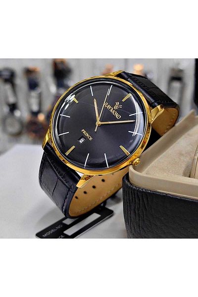 Raymond Gold/Black Leather Men's Wrist Watch