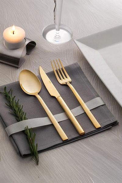Nehir Dalyan Full Gold Satin 84 Pieces 12 Person Leather Boxed Cutlery Set