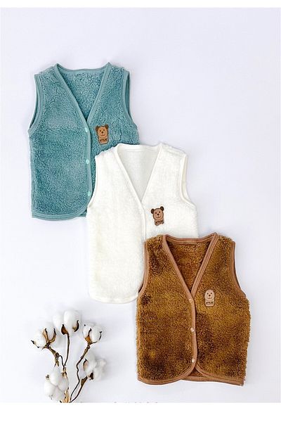 BEBENAZ Unisex Baby Welsoft 3Pcs Baby Plush Vest with Snap Front Teddy Bear Emblem