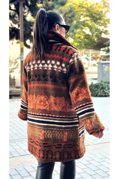 Park Moda İtalyan Kadın Yün Kaban Etnik Desen