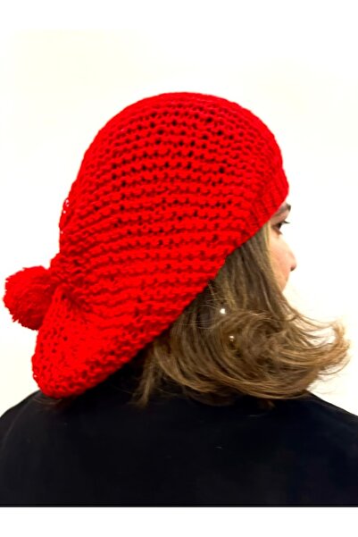 alsaccessories Hand Knitted Red Color Painter Model Pompom Women's Beret, Hat