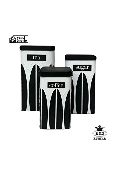 Hibana Premium siyah beyaz Motifli Kare 3 Lü Metal Kavanoz