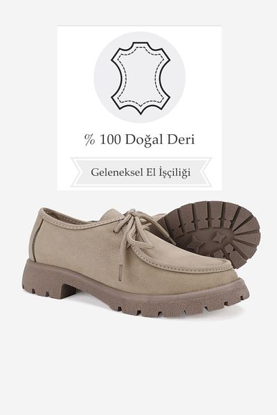 TUNAELLİ Pantofi Oxford din nubuc bej - mărimea 36-41, piele naturală naturală, cu șireturi