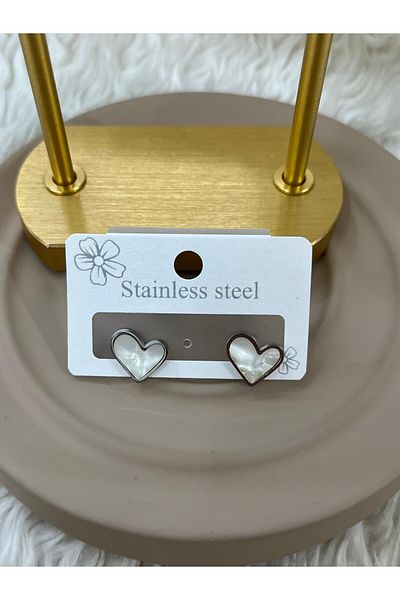 YASİN TOPÇU Steel Silver White Heart Stylish Earrings