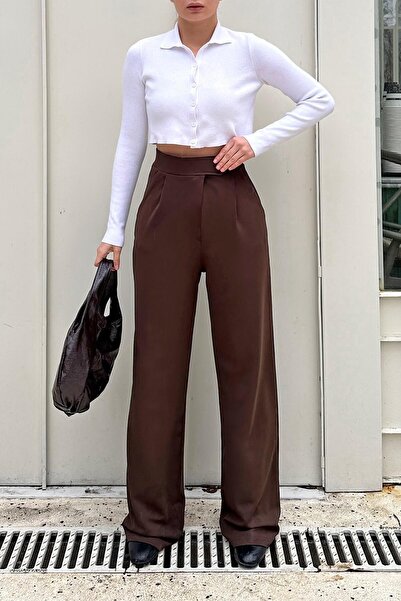 Swist Pohodlné dámské kalhoty Palazzo hnědé Kate s pasem na suchý zip