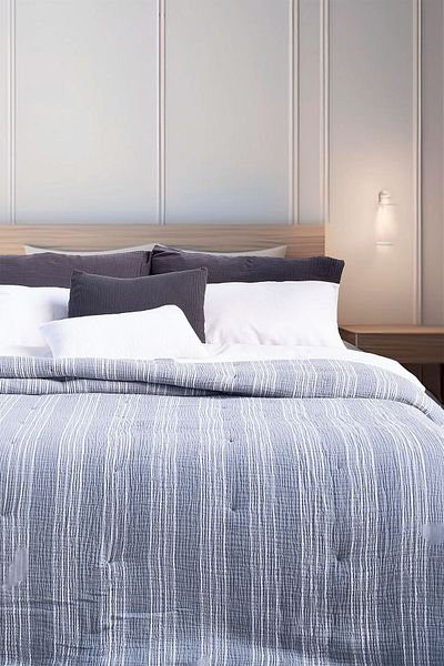 Barine Blue / White 245X245 - Striped Comfy Cotton Quilt