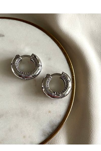 gaila design Silver Color Stone Detailed Hoop Earrings