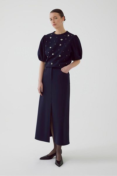 Exquise Navy Blue Regular Knitted Skirt - Slit Bell Form