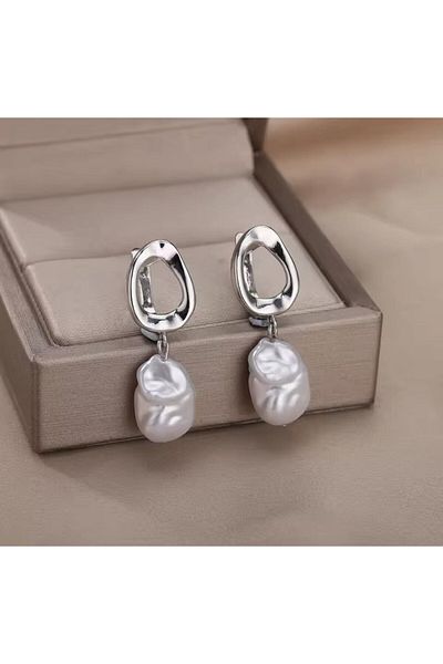 YASİN TOPÇU Steel Silver Natural Pearl Look Rocking Earrings