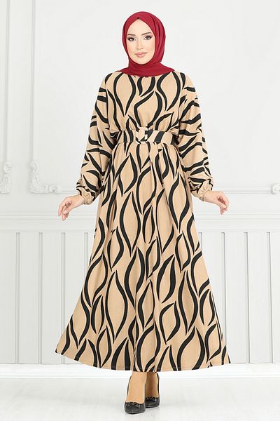 ModaMerve Rochie cu imprimeu latte - Manșetă elastică, Model 4026TGE913-M