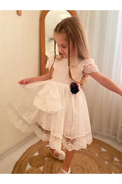 DUDOR KİDS Girl's Off-White Evening Dress Towel Dress and Bag (Please One Size Large)