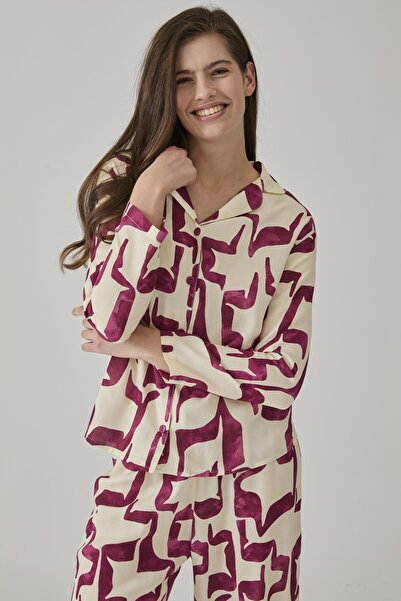 Pamuk & Pamuk طقم بيجامة رجالي منقوش باللون الأبيض العنابي للنساء