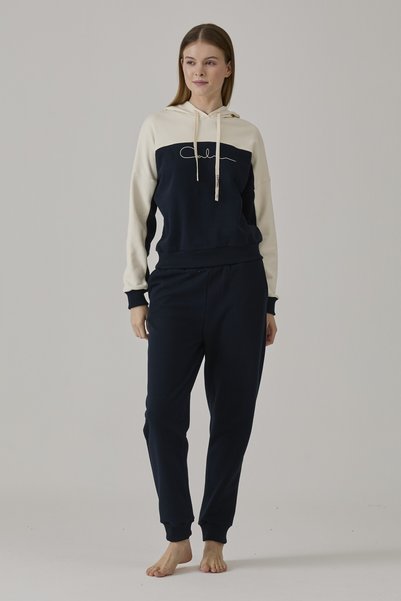 Pamuk & Pamuk Women's Dark Blue-Ecru Three Strip Cotton Printed Tracksuit