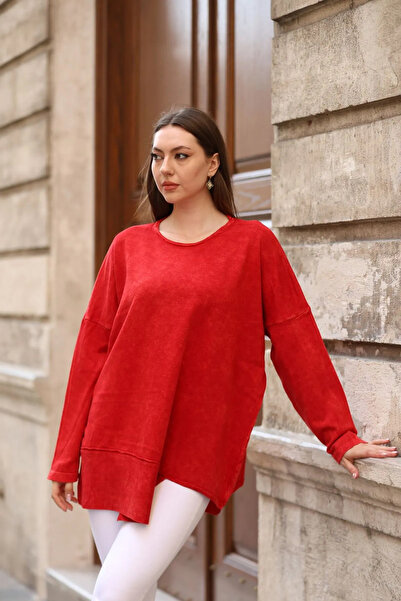 Sosyete Kaplumbağa Otantik Triko %100 Pamuk Basic Eskitmeli Asimetrik yırtmaçlı Oversize Salaş Bluz Kazak