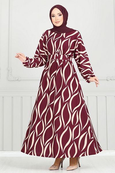 ModaMerve Claret Red μοτίβο μανσέτα ελαστικό φόρεμα - 4026TGE913-M