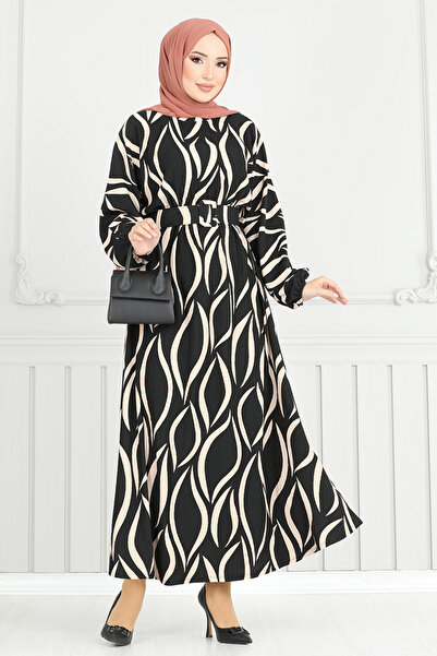 ModaMerve Manşeti Lastikli Desenli Elbise 4026TGE913-M Siyah