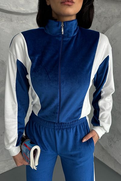 Ded COLLECTION Women's Velvet Fabric White Stripe Detailed Zippered Top Wide Leg Tracksuit Set