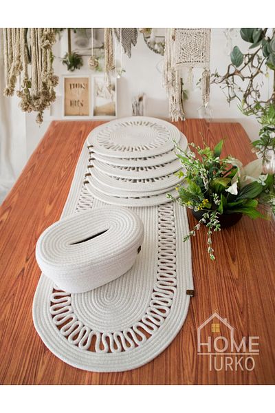 HomeTurko Jute Supla Runner, Σετ παρουσίασης, Οικιακά είδη προίκας, Θήκη χαρτοπετσέτας, Σετ 7 τεμαχίων, Σετ Boho