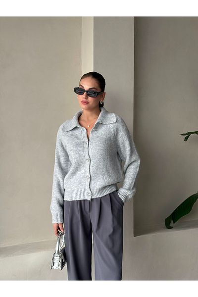 Laluvia Gray Stone Bow Button Cardigan-4475