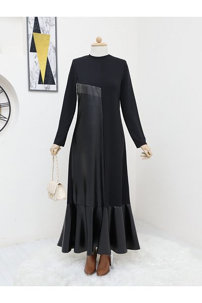 Modamorfo Metallkettenkleid mit Lederdetails – Schwarz