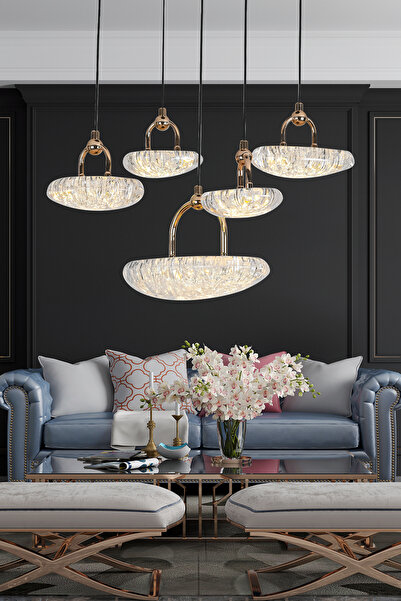 Apliqa Firuze 5'Lİ 30 Watt Sarkıt Eskitme Kristal Taşlı Modern Tasarım Salon ...
