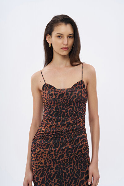 Quzu Thin Straps Leopard Print Draped Long Dress Brown