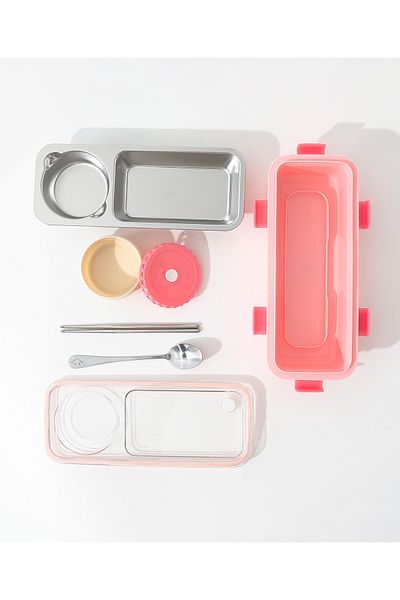 Fab N Funky Lunch Box Set, 2 Compartment, Easy To Open Latch, Lightweight, (600ml+150ml) - Pink