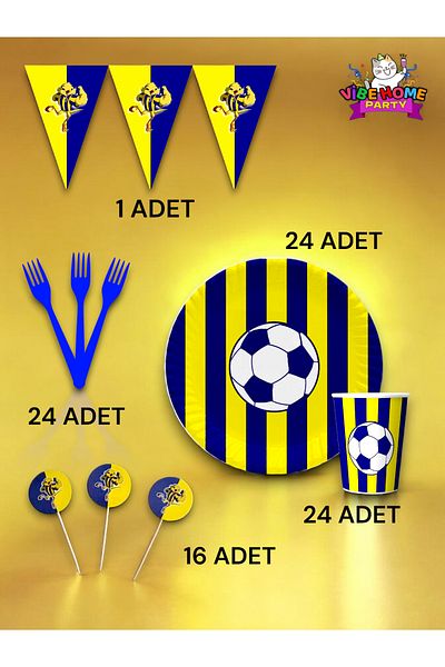 VibeHome Yellow Navy Blue Fan Eco Set for 24 - Birthday Party and Fun Events