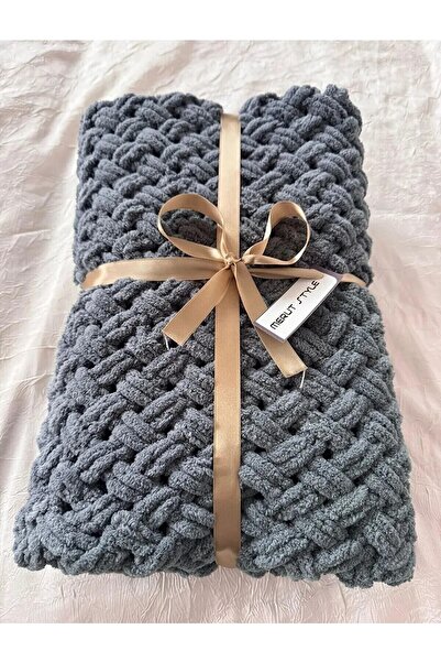 MERUT STYLE HAYATINI RENKLENDİR El Örgüsü Alize Puffy Tv Battaniyesi Gri Hasır Desen