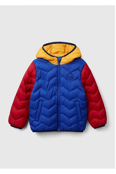 United Colors of Benetton Boy's Blue Logo Embroidered Hooded High Collar Coat